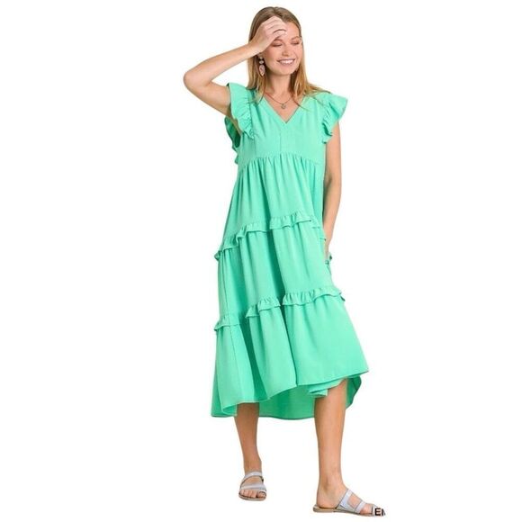 Umgee Emerald Green Ruffle Tiered Midi Flutter Sleeves V Neck Dress Women Small - Picture 1 of 10